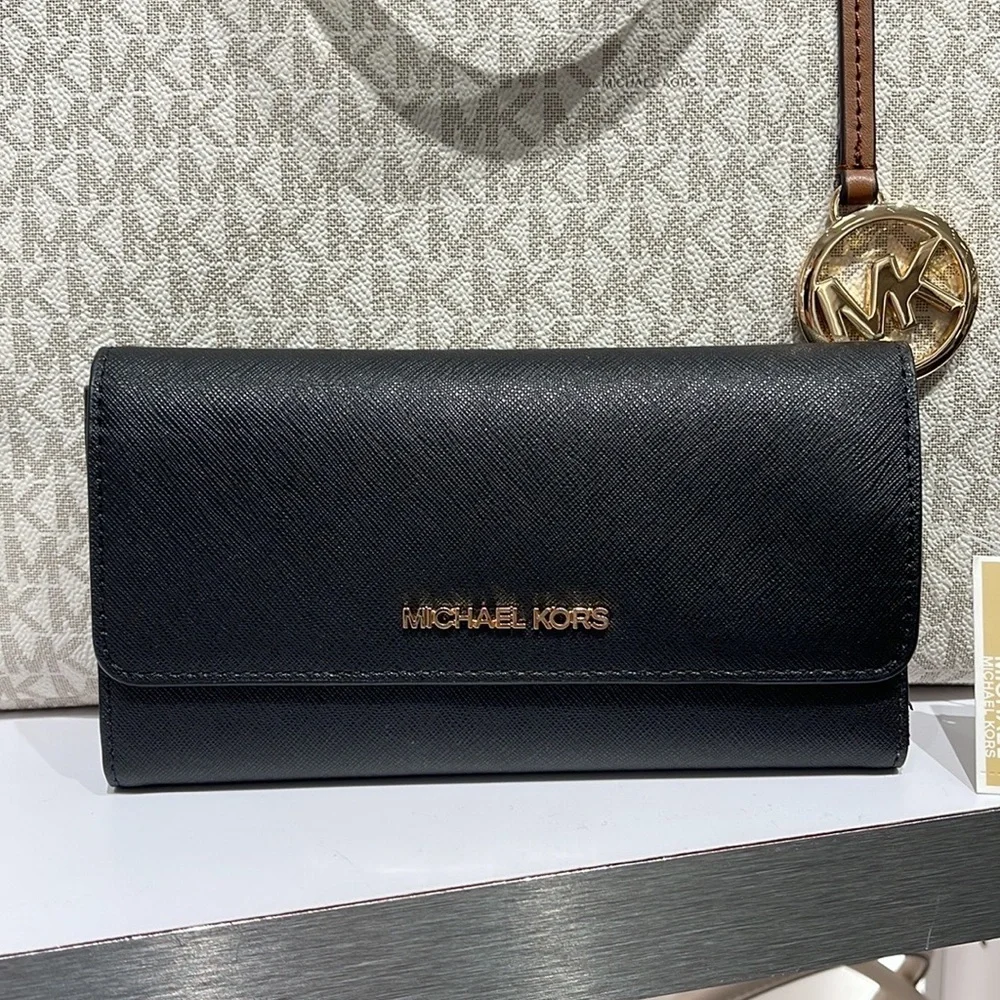 MICHAEL KORS JET SET TRAVEL LARGE TRIFOLD WALLET BLACK COLOR